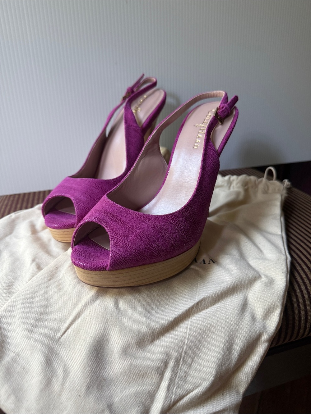 Cole Haan Pink Suede Peep-Toe Platform Slingback Heels